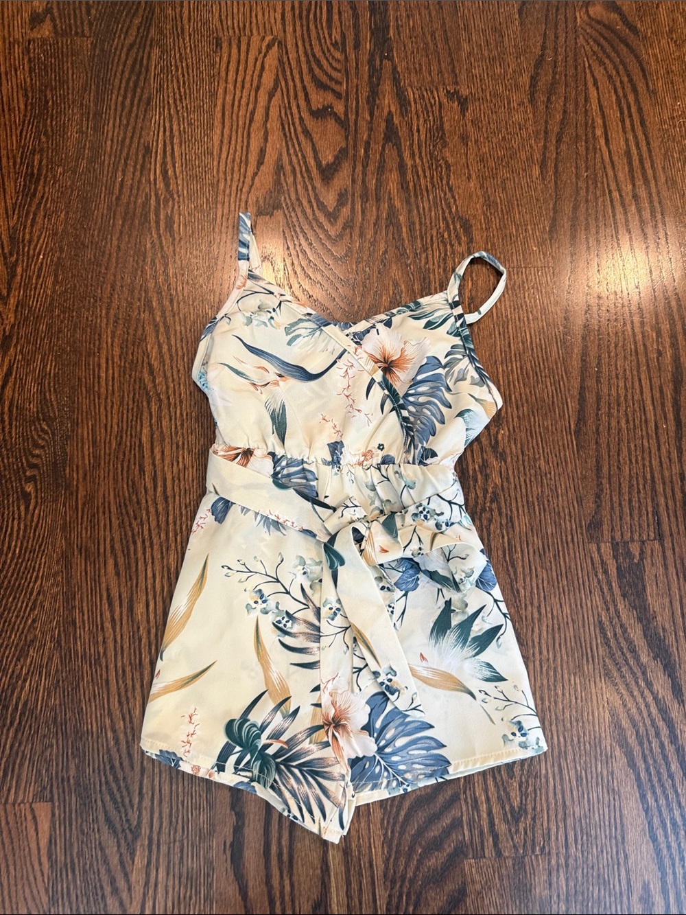 SHEIN Cream Tropical Floral Tie-Waist Romper with Blue Accents
